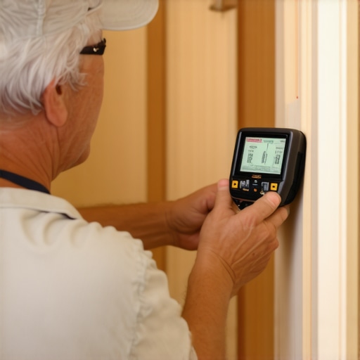 Homeowner measuring wall for baseboard installation using laser distance meter and digital level.