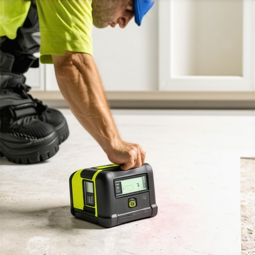Precision in Action: Using a Digital Laser Level for Optimal Shower Slope Person positioning a digital laser level on a bathroom floor to check for proper slope during shower installation