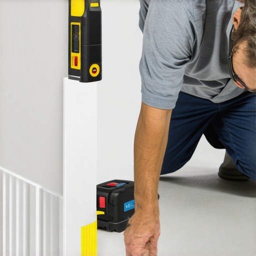 Homeowner using laser level to measure baseboards for perfect alignment