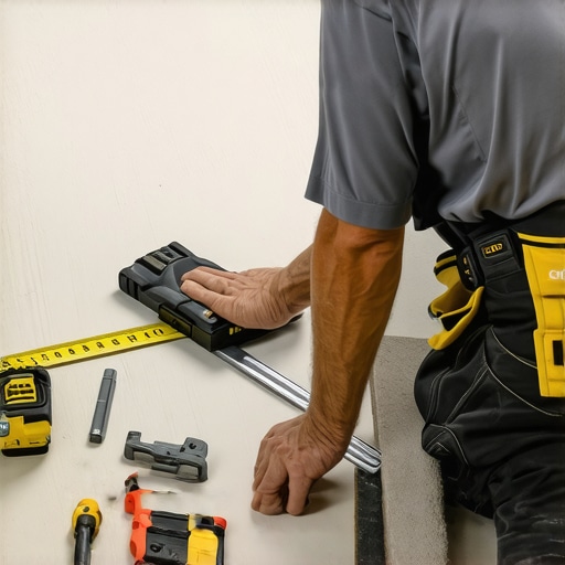 Precision in Flooring Installation A flooring professional measuring and marking planks for perfect fit during installation.