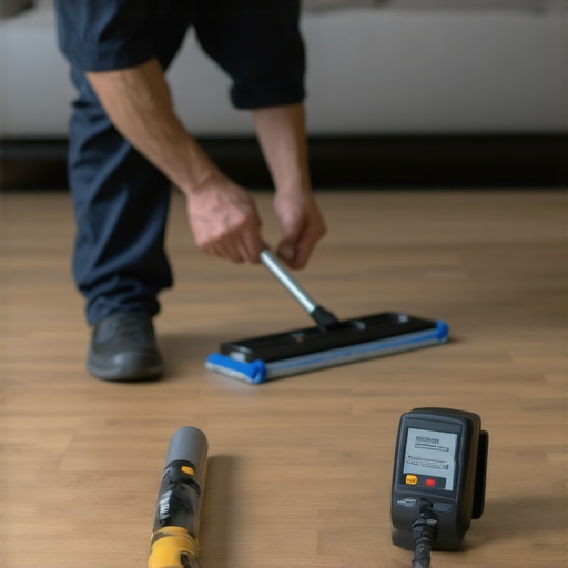 Professional Flooring Maintenance Tools and Setup A person inspecting flooring tools and a finished floor with digital moisture meter and cleaning supplies.