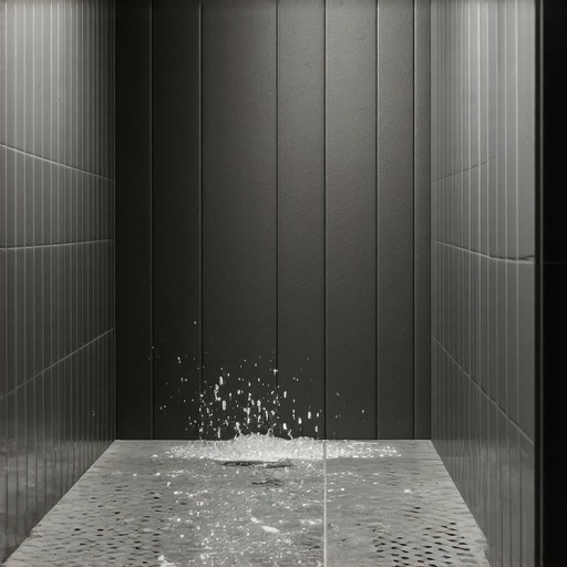 Close-up of a shower niche with sloped tiles directing water towards the drain.