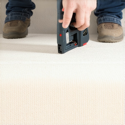 Close-up of hands operating a staple gun to secure bulging carpet on staircase