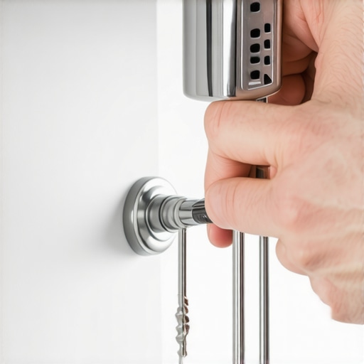 Person tightening the set-screw on a shower handle using a screwdriver in a bathroom