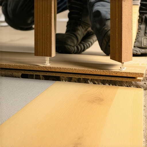 Installer placing shims under uneven floorboards for a smooth surface