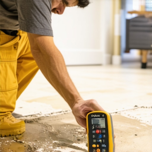 Using a Digital Moisture Meter in Bathroom Maintenance Person testing bathroom subfloor moisture levels with a handheld device.
