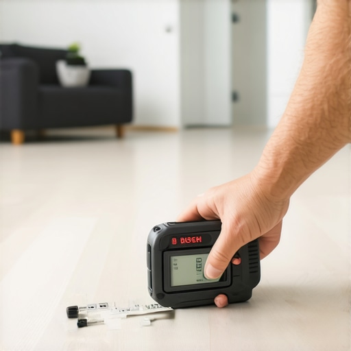 Using a Laser Distance Meter for Precise Baseboard Measurement A person using a laser tape measure to ensure precise baseboard installation in a well-maintained room.