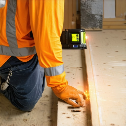 Professional technician aligning a laser level on a subfloor to check for levelness