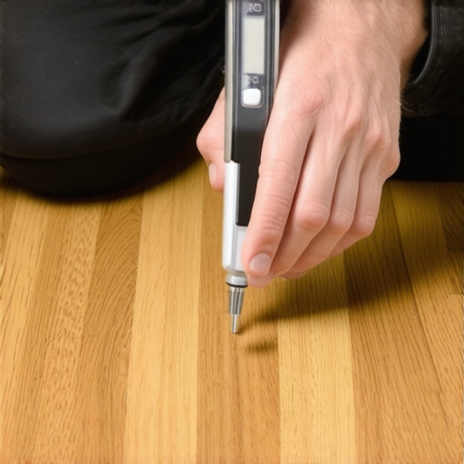 Using a Moisture Meter for Floor Inspection Homeowner inspecting hardwood flooring with a moisture meter for maintenance.