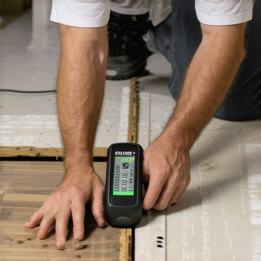 Using a Moisture Meter for Flooring Care Person testing moisture levels in concrete subfloor with a moisture meter
