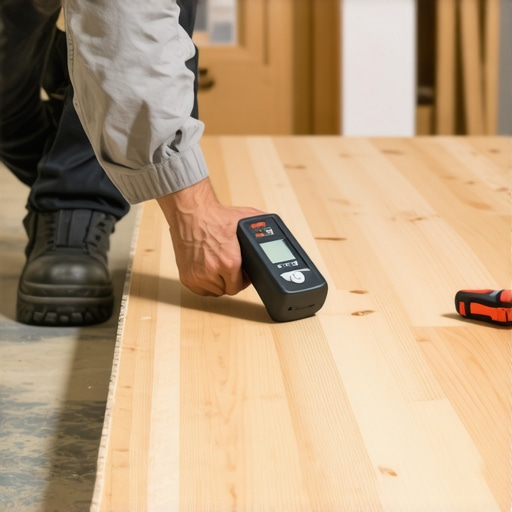 Using a Moisture Meter for Flooring Maintenance A technician testing moisture levels on a wooden subfloor with a moisture meter