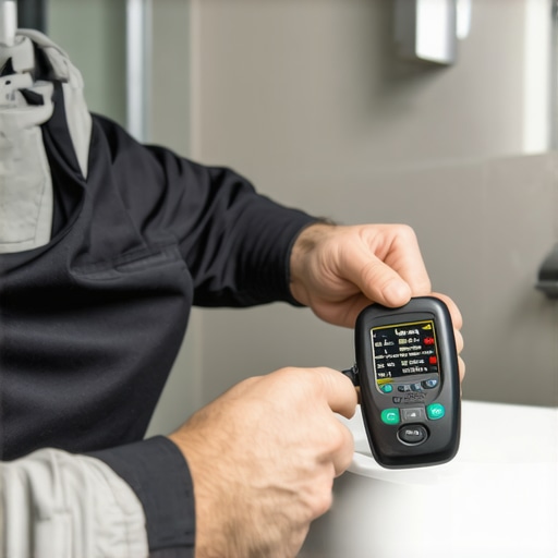 Using a Moisture Meter for Shower Maintenance Installer measuring moisture in shower wall with a digital tool.