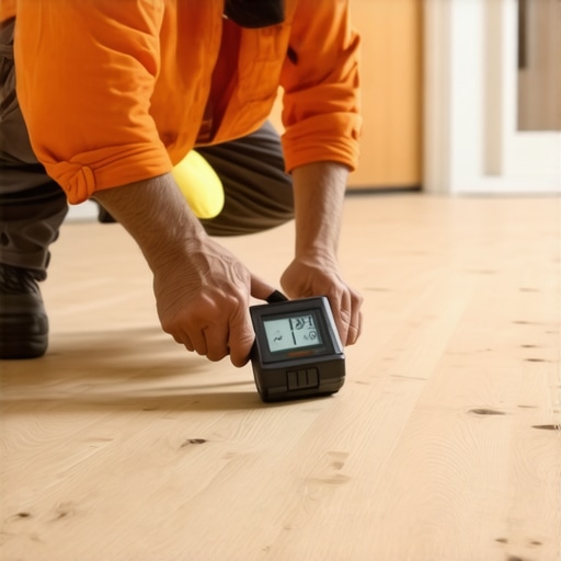 Using a Moisture Meter for Subfloor Inspection Hands holding a moisture meter testing a subfloor before flooring installation.