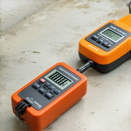 Person holding a digital moisture meter checking concrete moisture levels in a home