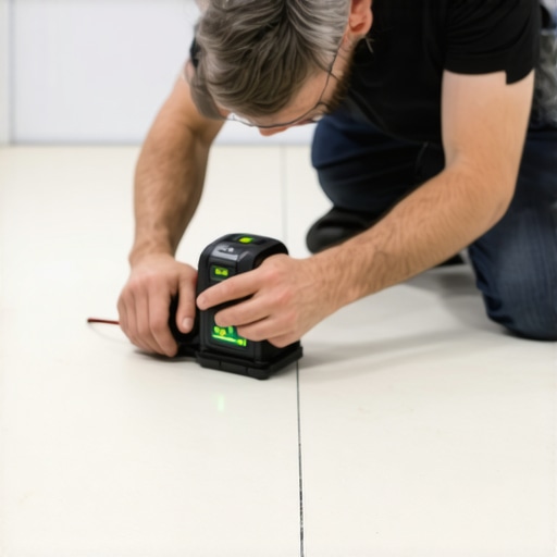 Using a laser level for flooring inspection Homeowner examining vinyl flooring with a laser level for maintenance