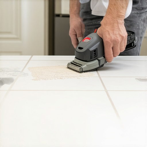 Using an Oscillating Multi-Tool for Tile Maintenance Person repairing bathroom tiles with a multi-tool