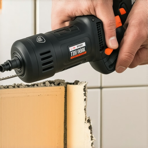 Person using a cordless oscillating multi-tool to trim grout in a bathroom shower niche.