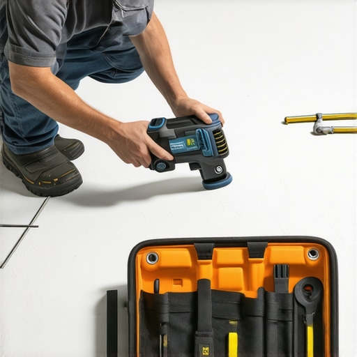 Homeowner repairing flooring and shower with a cordless multi-tool