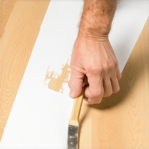 A person's hand spreading adhesive under a lifted vinyl plank using a putty knife
