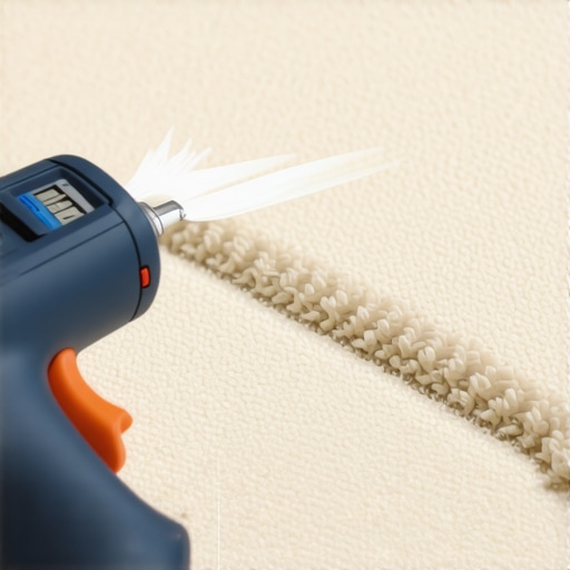 A person's hand holding a hot-glue gun applying adhesive along a carpet seam