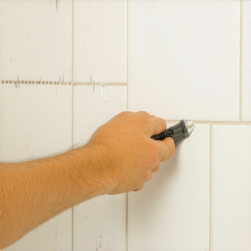 A professional hand smoothing sealant in a shower corner with a silicone finishing tool.