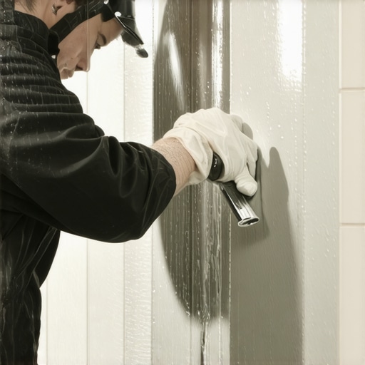 Applying Waterproof Membrane in Shower A craftsman spreading waterproof membrane on shower wall using a roller