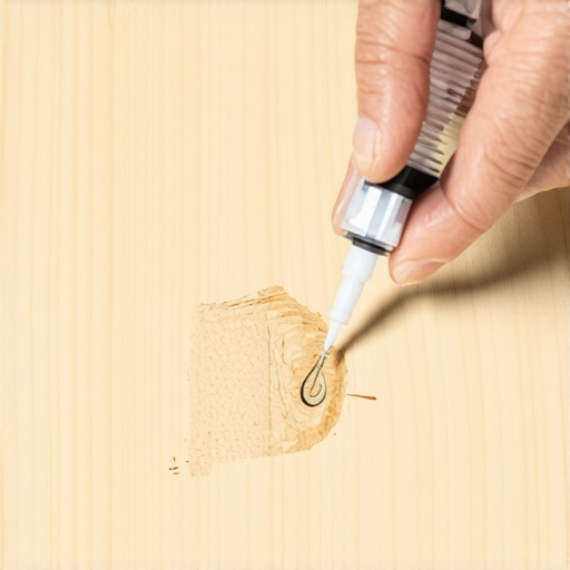 Close-up of hand injecting wood glue into stair joint with syringe
