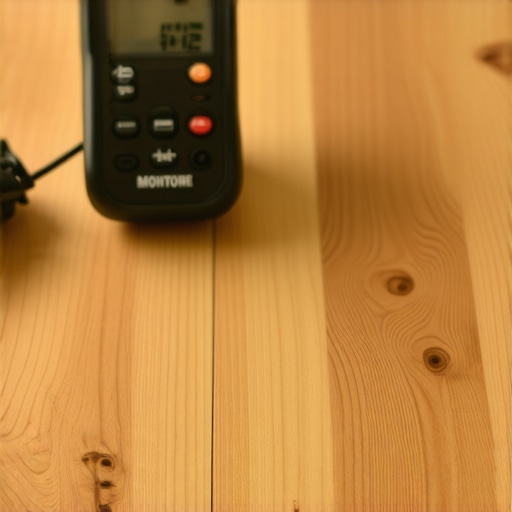 Hands holding a moisture meter on a cupped hardwood floor.
