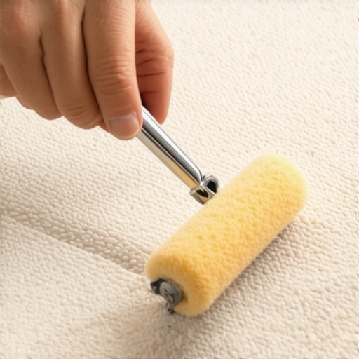 Person smoothing carpet fibers around a repair seam with a roller