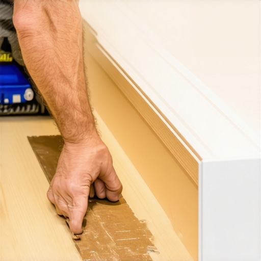 Cardboard Shims for Baseboard Corners A carpenter adjusting baseboard corners with cardboard shims for a seamless fit.