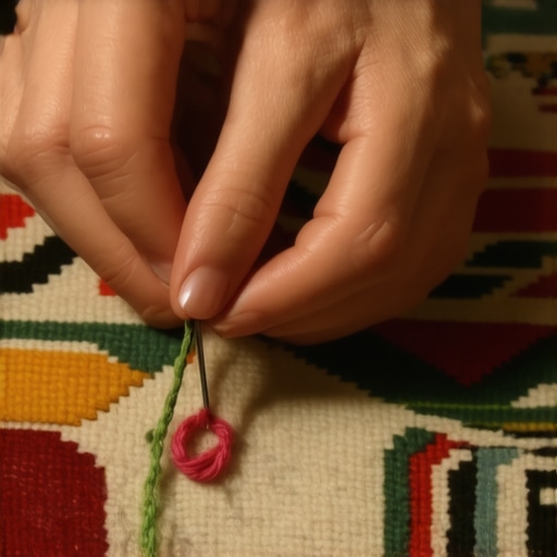 Hands sewing a carpet tear with matching yarn for seamless repair.
