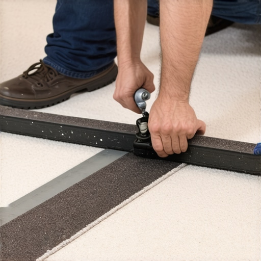 Close-up of a person adjusting tension on a power-stretcher during carpet installation