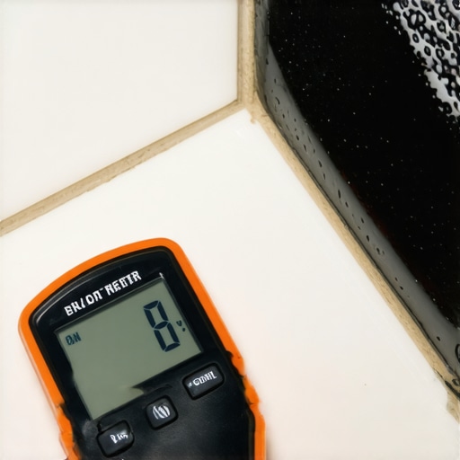 Homeowner testing bathroom tile moisture levels with a digital device