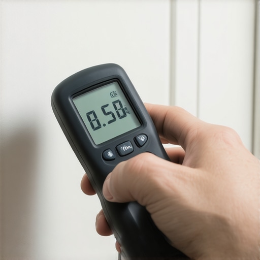 Digital Moisture Meter in Use Homeowner using a digital moisture meter to check bathroom humidity levels for maintenance