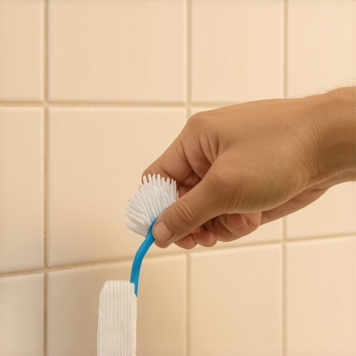 Effective grout cleaning with toothbrush Person cleaning grout lines in shower using toothbrush
