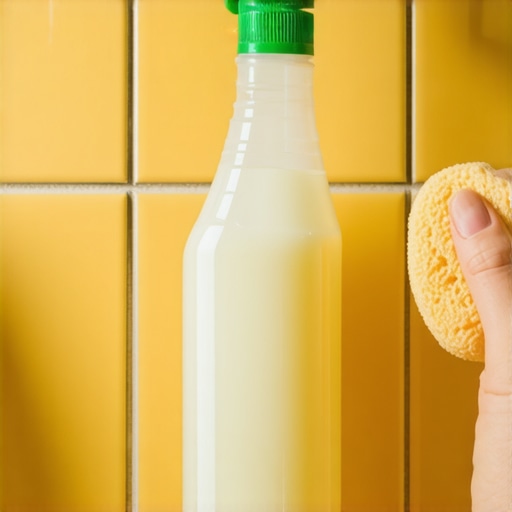 Person using vinegar spray and sponge to clean tiled wall