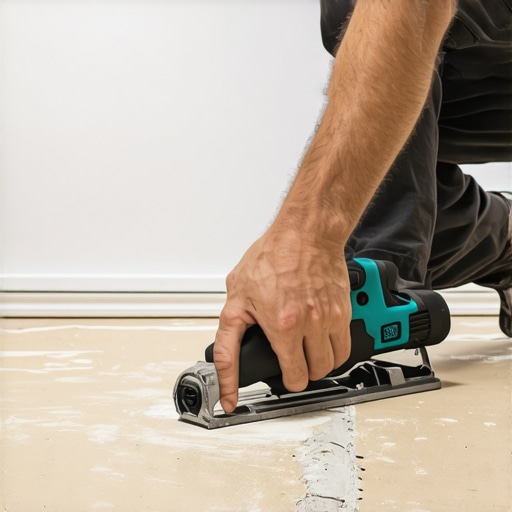 Efficient Maintenance Tools for Home Renovations Hand using a cordless multi-tool on flooring during home maintenance