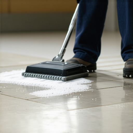Essential Maintenance Tools for Durable Flooring and Tiles A grout sealer and steam cleaner being used on a tiled floor, emphasizing proper maintenance equipment.