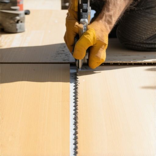 Close-up of precise cuts and tools on a professional flooring project