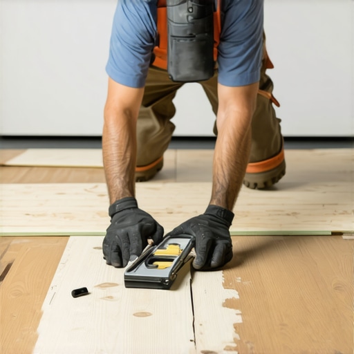 Expert flooring installation measurement Professional measuring subfloor with precision tools for flooring