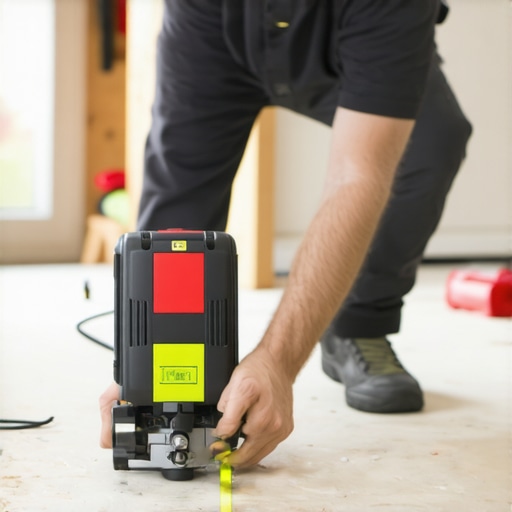 Home Maintenance Tools in Use Homeowner using laser level and multi-tool for flooring and baseboard upkeep