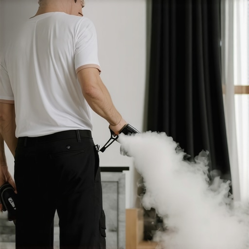 Home Maintenance with Advanced Tools Person using steam cleaner and moisture meter to maintain flooring and carpets in a stylish living room.