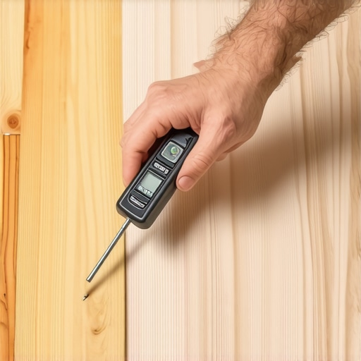 Person testing moisture levels beneath vinyl flooring with a moisture meter, showing the repair process.