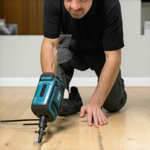 Multitool Precision for Baseboard Maintenance Homeowner using a cordless oscillating multi-tool on baseboards in a bright living room