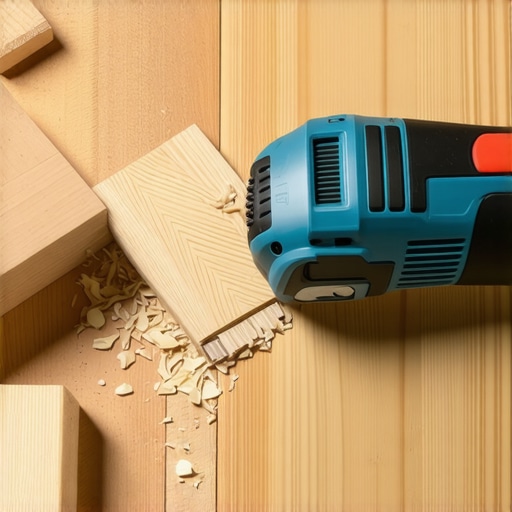 A DIY enthusiast using an oscillating multi-tool on wood flooring during a renovation