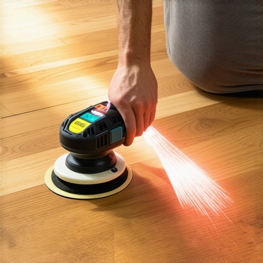 Precise maintenance tools for flooring A handyman using a laser level and orbital sander on hardwood floor to ensure even surface and long-term durability.