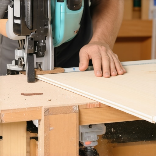 A craftsman accurately measuring and slicing wood baseboards using a miter saw.