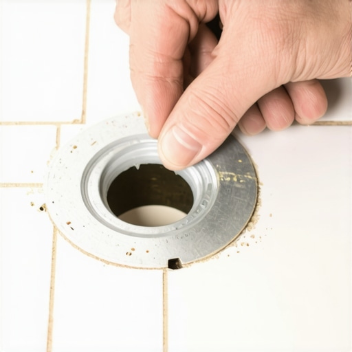 Tile being cut with diamond drill bit for round drain opening.