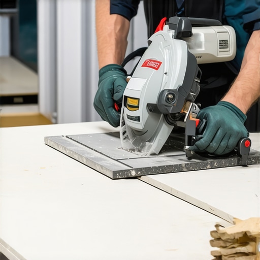 Precision Cutting with a Wet Tile Saw A professional making precise cuts in tiles using a high-quality wet saw with diamond blade.