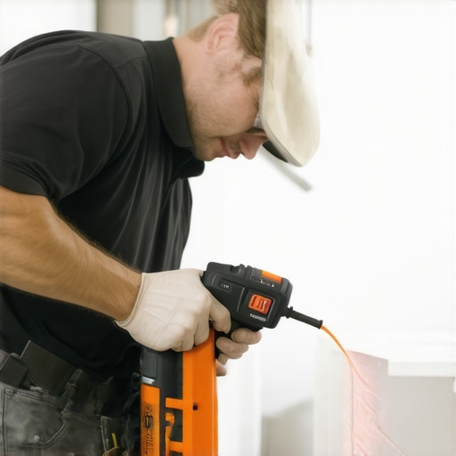 Precision Tools for Flawless Finishes A person carefully applying caulk along a baseboard with a caulking gun, with a laser level nearby for alignment